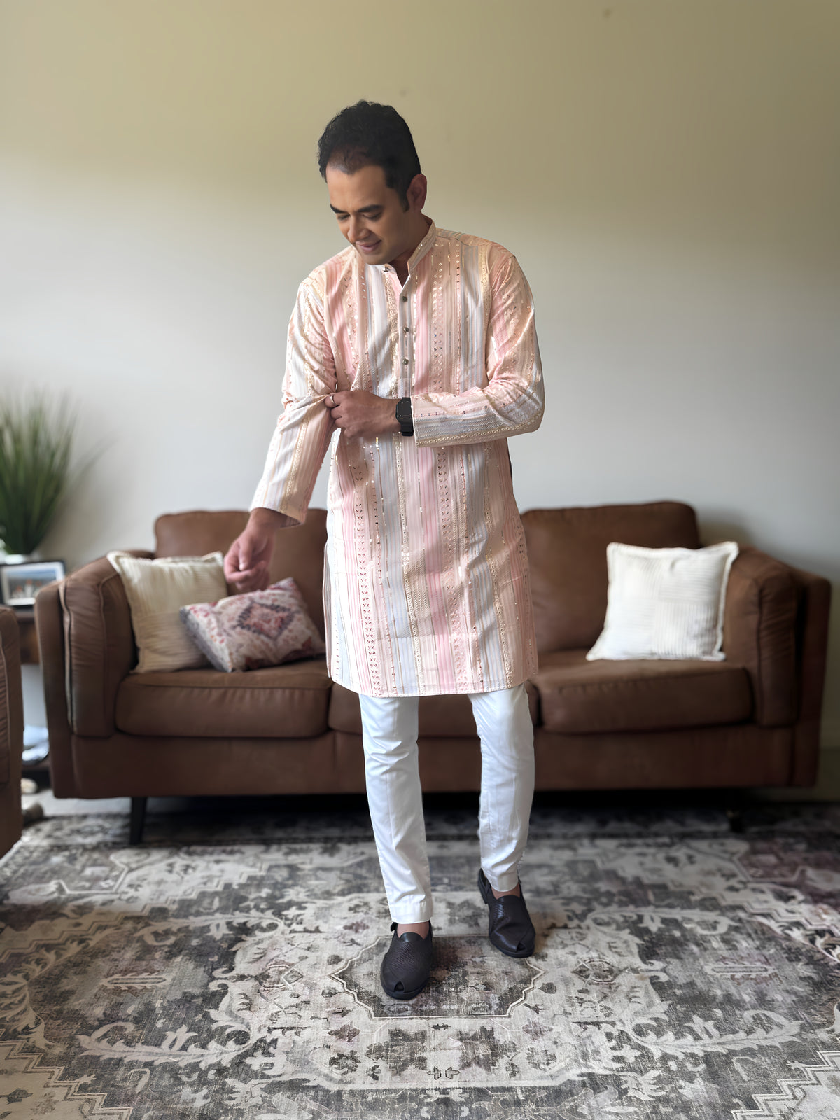 Pastel Pink Thread Work Men Kurta 