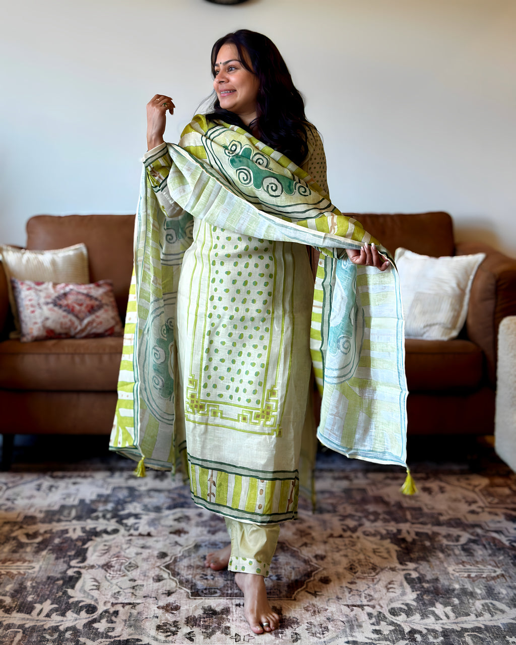Dhwani wearing premium cotton green printed suit with embroidered neckline and matching dupatta – Go Desi Canada