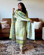 Dhwani wearing premium cotton green printed suit with embroidered neckline and matching dupatta – Go Desi Canada