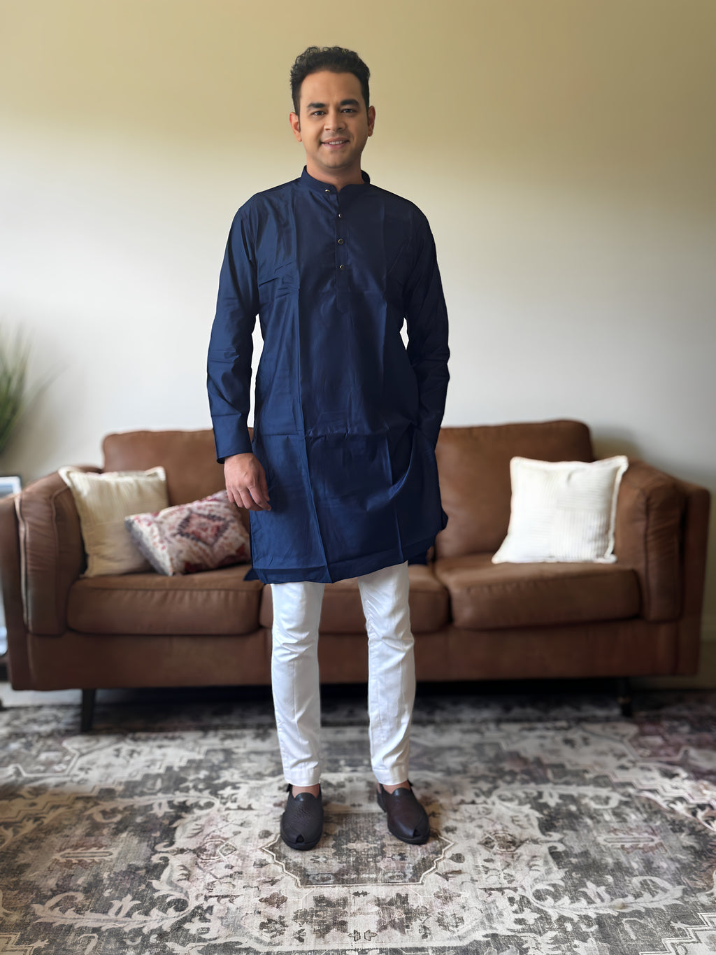 Navy Blue Plain Men Kurta