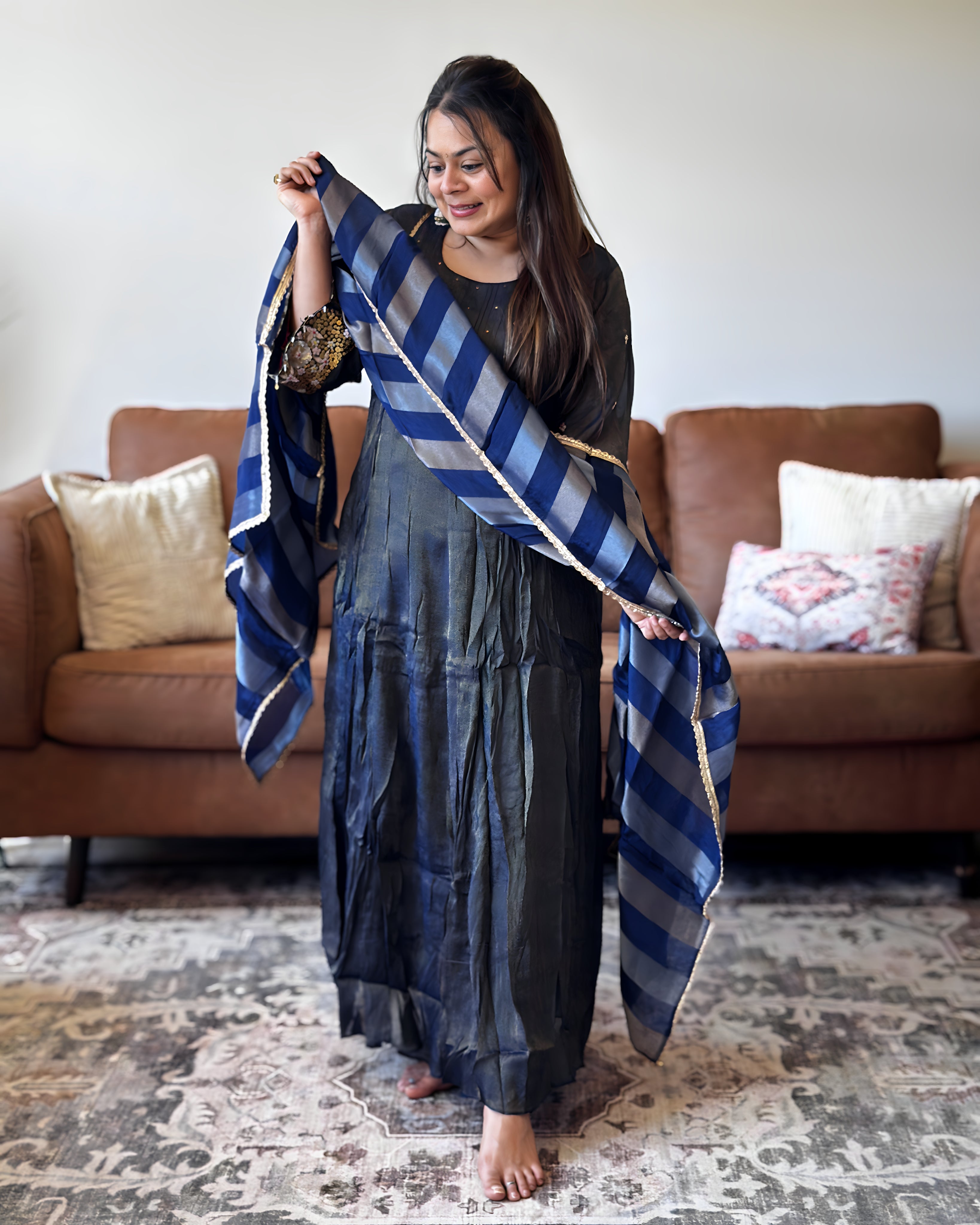 Blue Shimmer Glass Tissue Kurta Set for Women