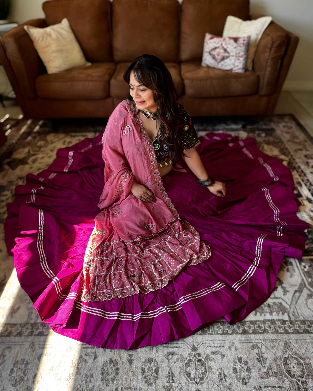 Black & Purple Chaniya Choli with Pink Dupatta – 18 Metre Gher