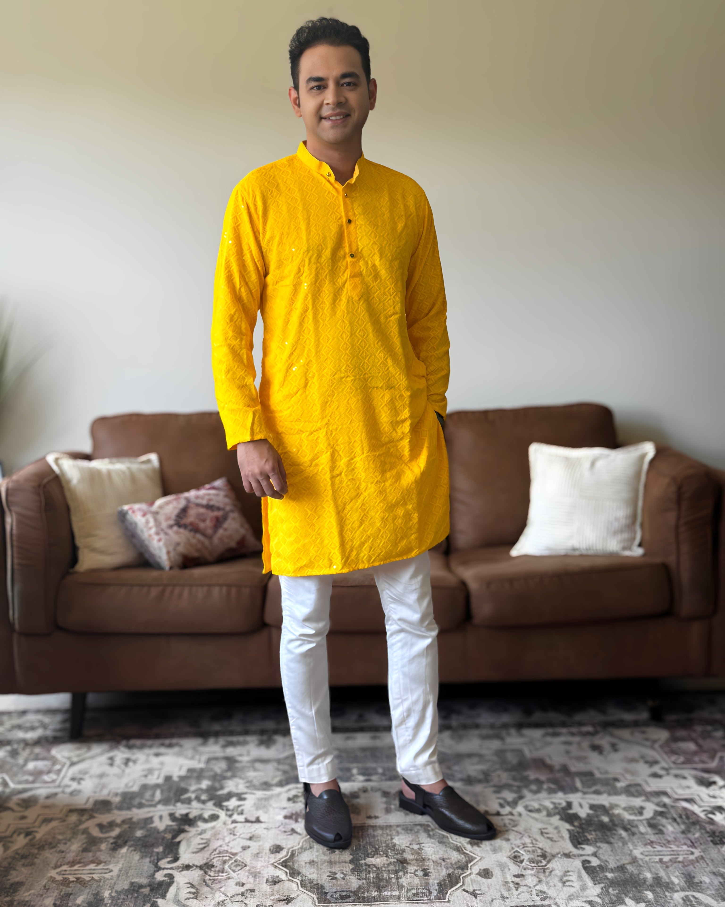 Yellow Lucknowi Men Kurta