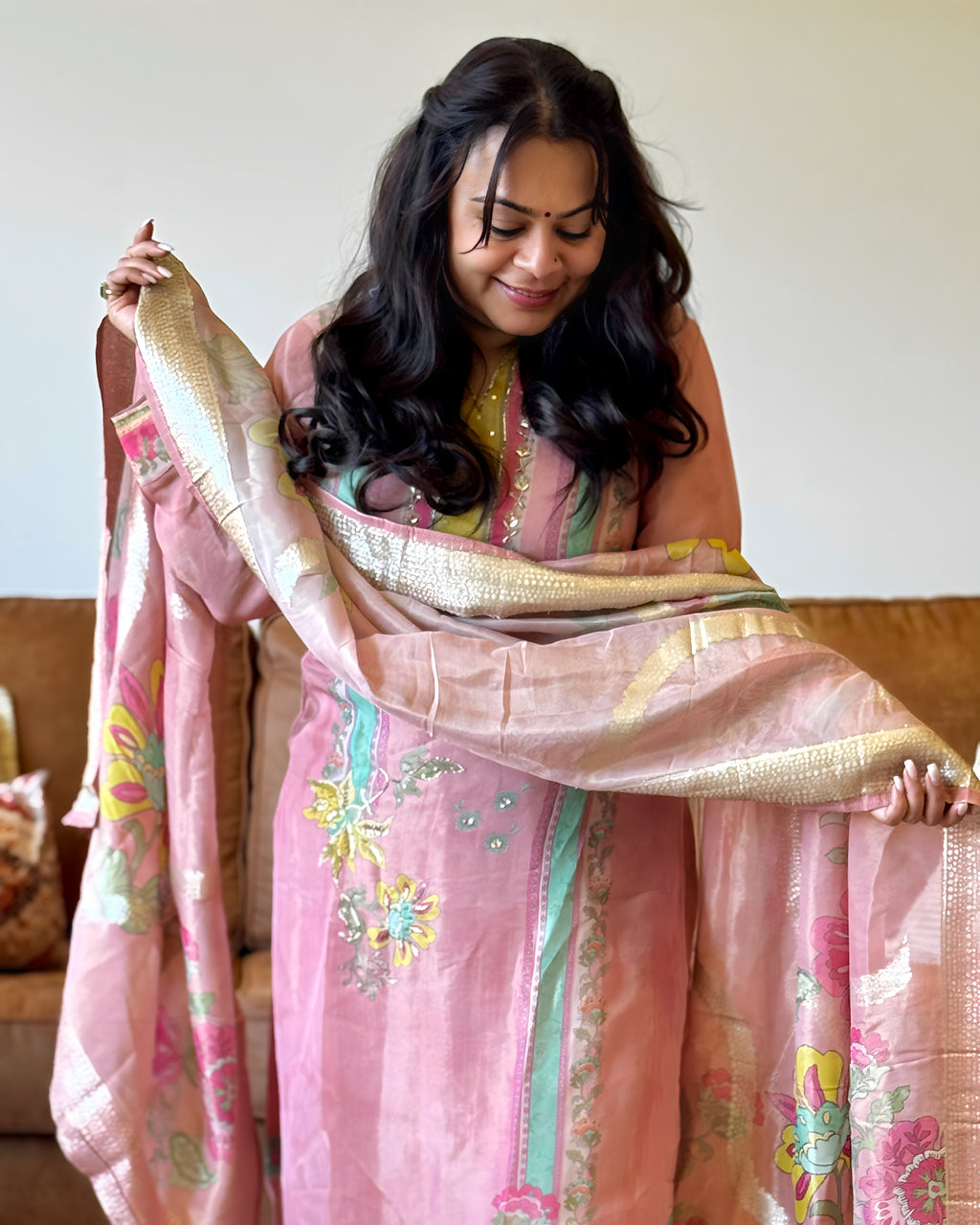 Dhwani wearing Pastel Pink Printed Suit available in Canada and USA