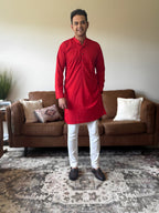 Red Self Print Men Kurta