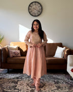 Dhwani wearing premium silk peach anarkali suit with red bandhani dupatta – Go Desi Canada