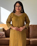 Close-up of embroidered dola silk mustard kurta for festive wear – Go Desi Indian clothing online
