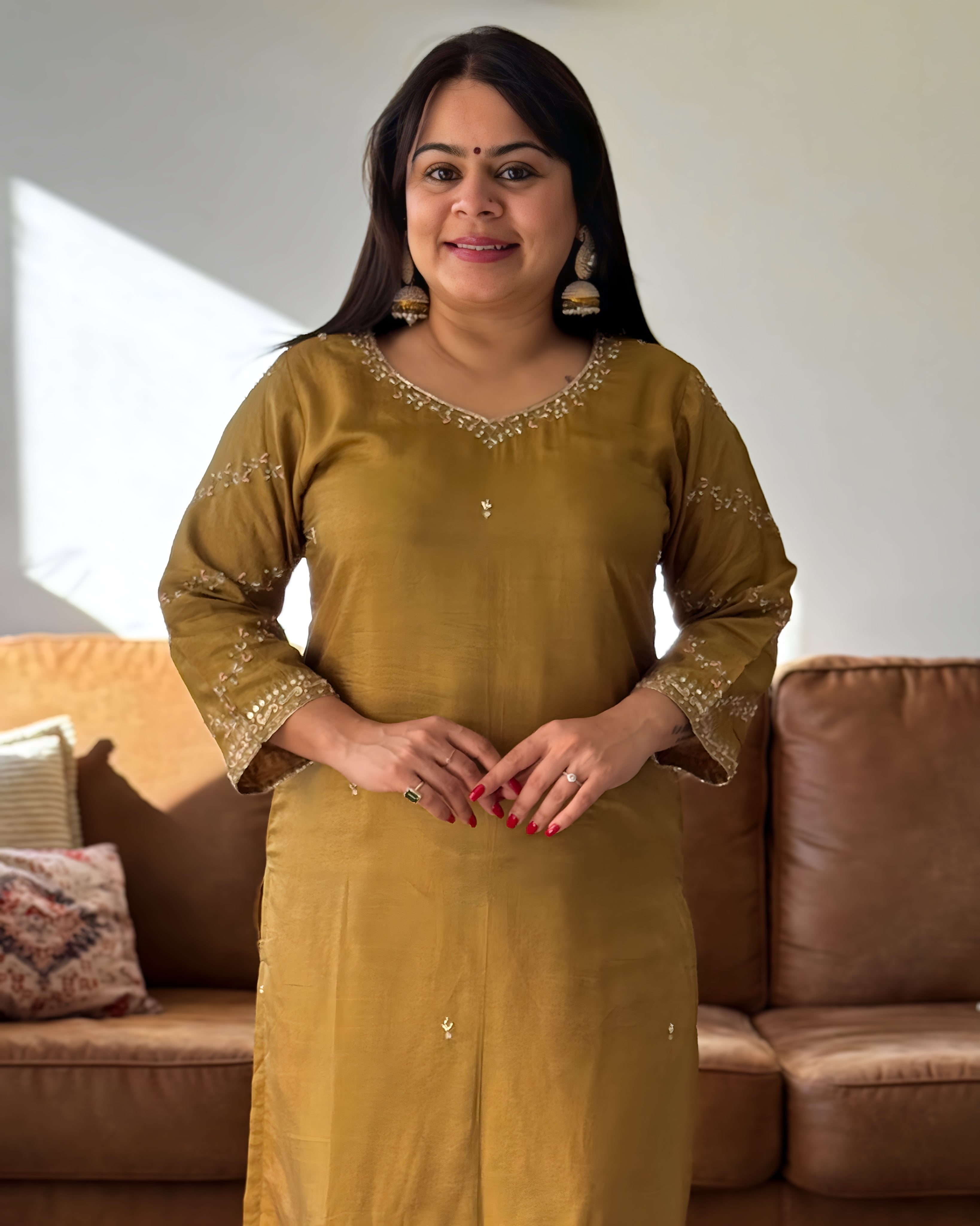 Close-up of embroidered dola silk mustard kurta for festive wear – Go Desi Indian clothing online