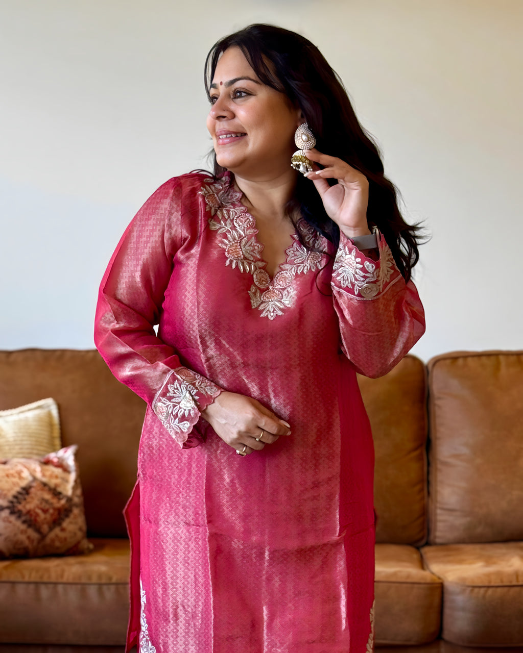 Dhwani wearing premium deep pink dola silk embroidered suit with matching dupatta – Go Desi Canada