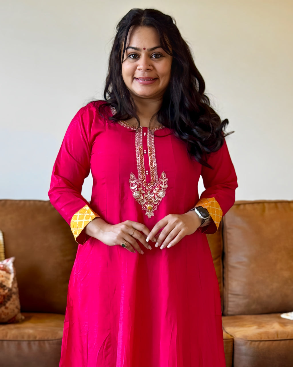 Dhwani wearing Pink & Yellow Bandhani Dupatta dress available in Canada and USA