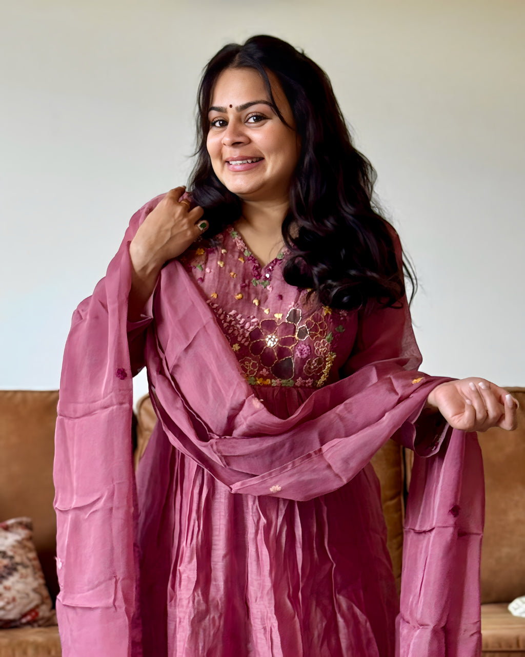 Dhwani wearing purple mul chanderi floral embroidered anarkali suit with matching dupatta – Go Desi Canada