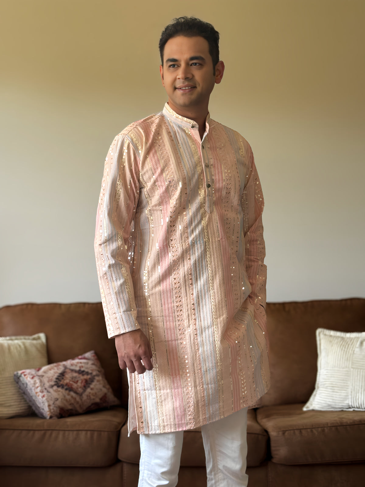 Pastel Pink Thread Work Men Kurta 