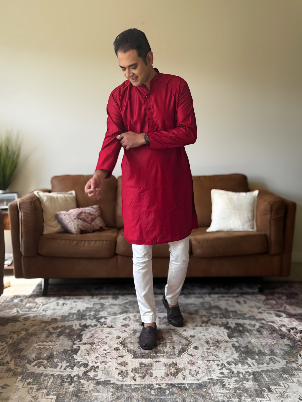 Red Plain Men Kurta