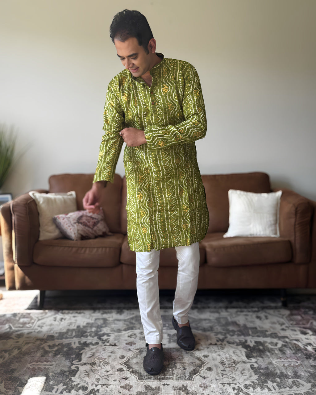 Light Green Bandhani Men Kurta