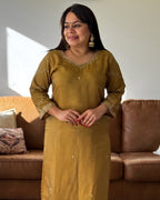 Close-up of embroidered dola silk mustard kurta for festive wear – Go Desi Indian clothing online