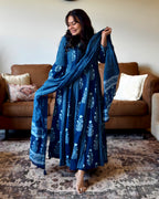 Dhwani wearing indigo blue cotton anarkali suit with hand block print dupatta – Go Desi Canada