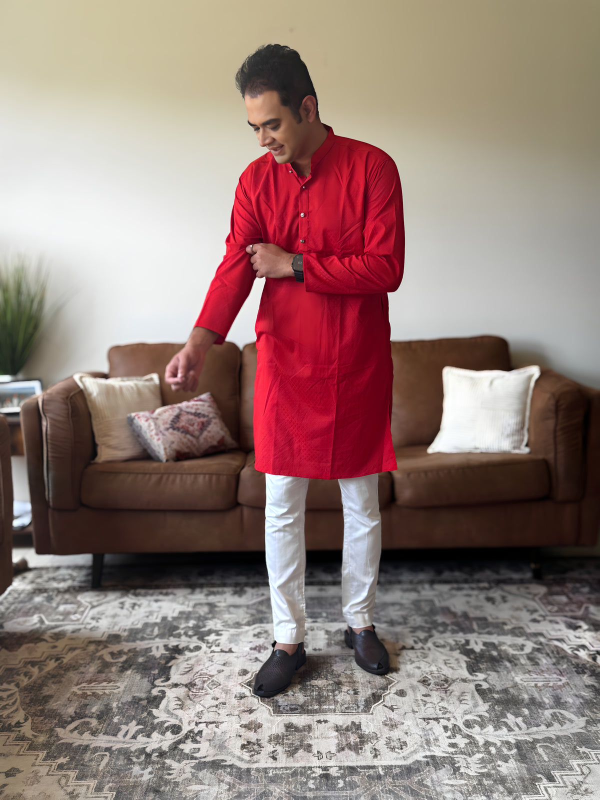 Red Self Print Men Kurta