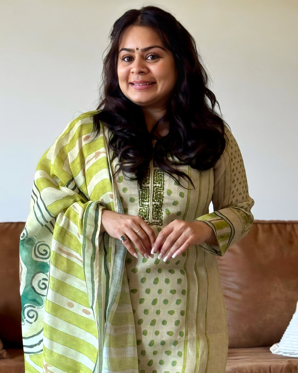 Dhwani wearing premium cotton green printed suit with embroidered neckline and matching dupatta – Go Desi Canada