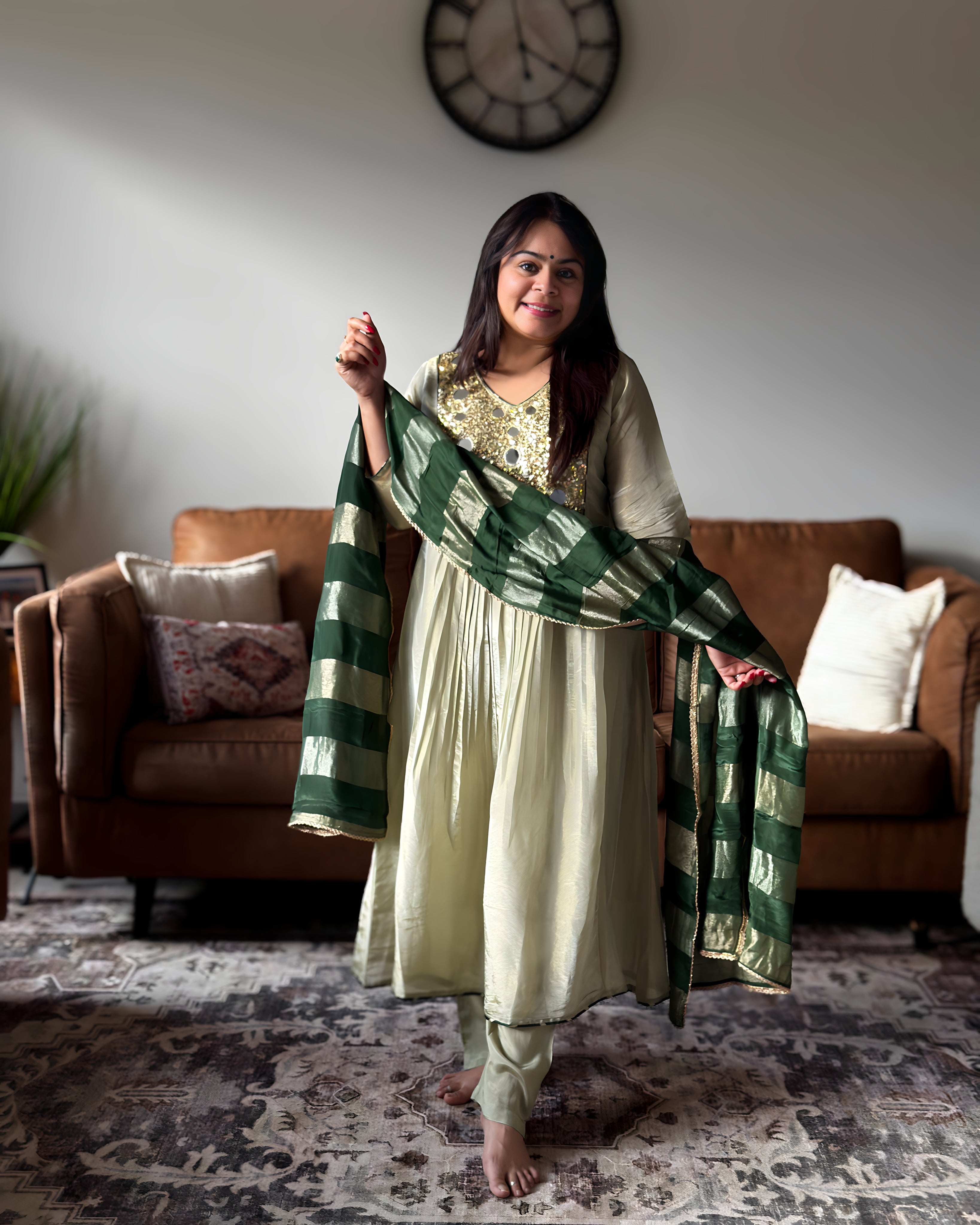 Dhwani wearing Pastel Green Mirror Anarkali available in Canada and USA