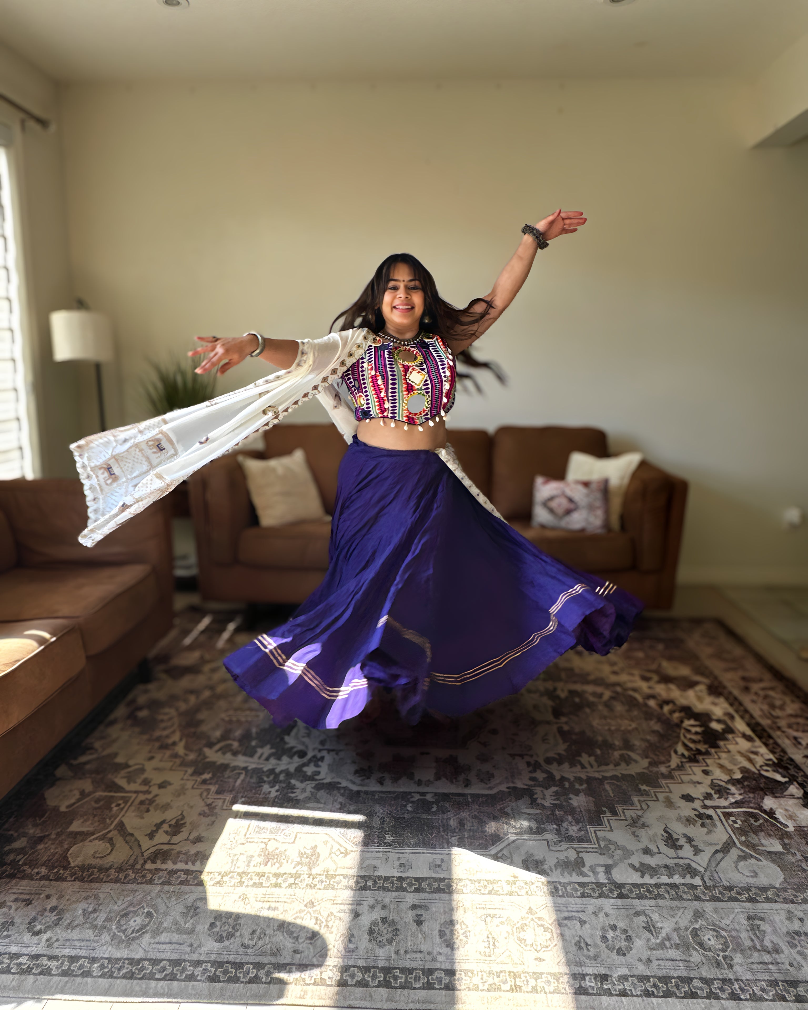 Purple & White Chaniya Choli with Multicolor Blouse – 18 Metre Gher