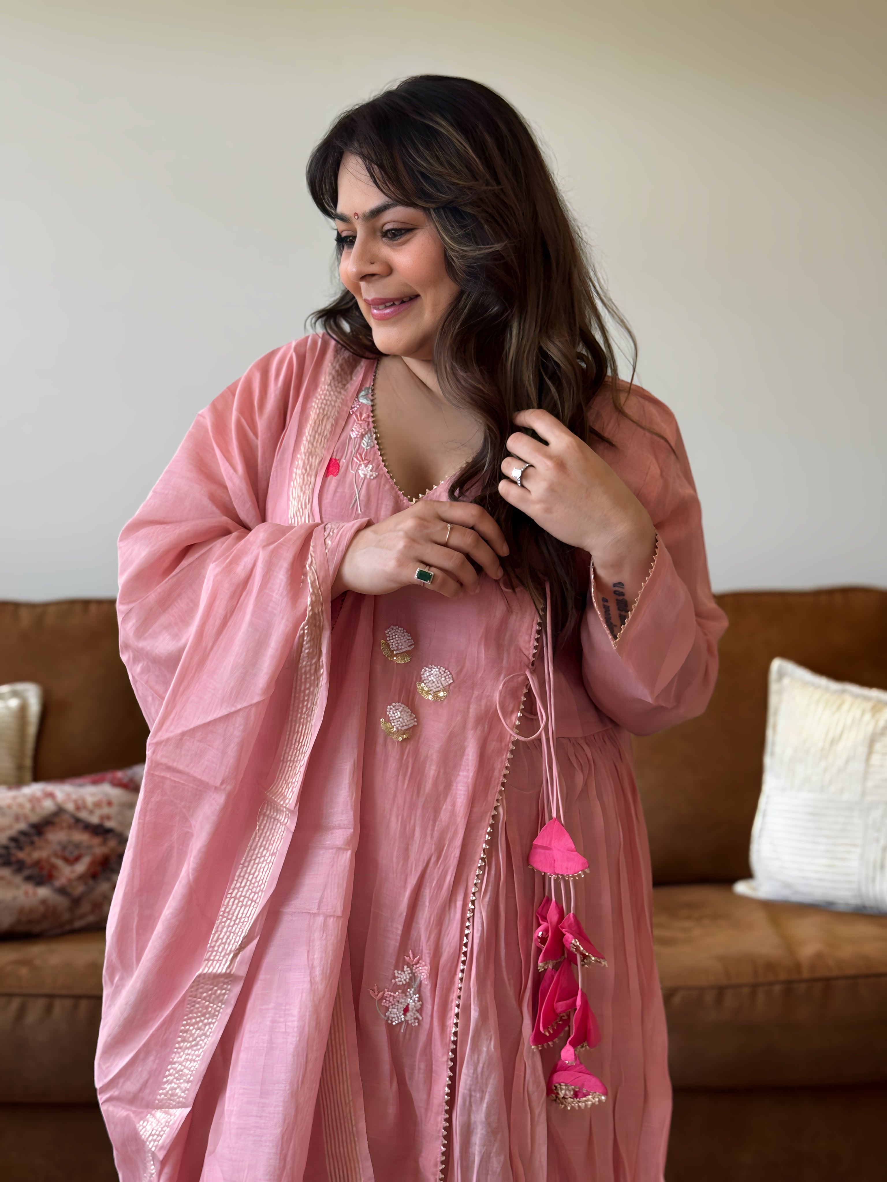 Baby Pink Mul Chanderi Kurta Set for Women