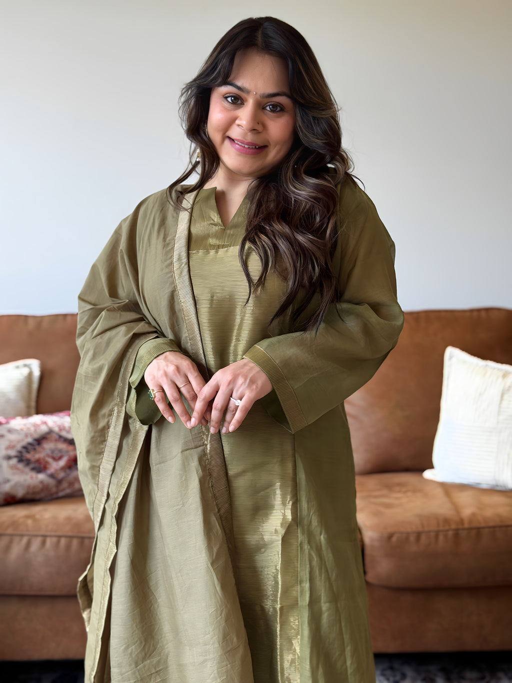 Olive Green Shimmer Mul Chanderi Kurta Set for Women