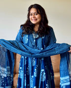 Dhwani wearing indigo blue cotton anarkali suit with hand block print dupatta – Go Desi Canada