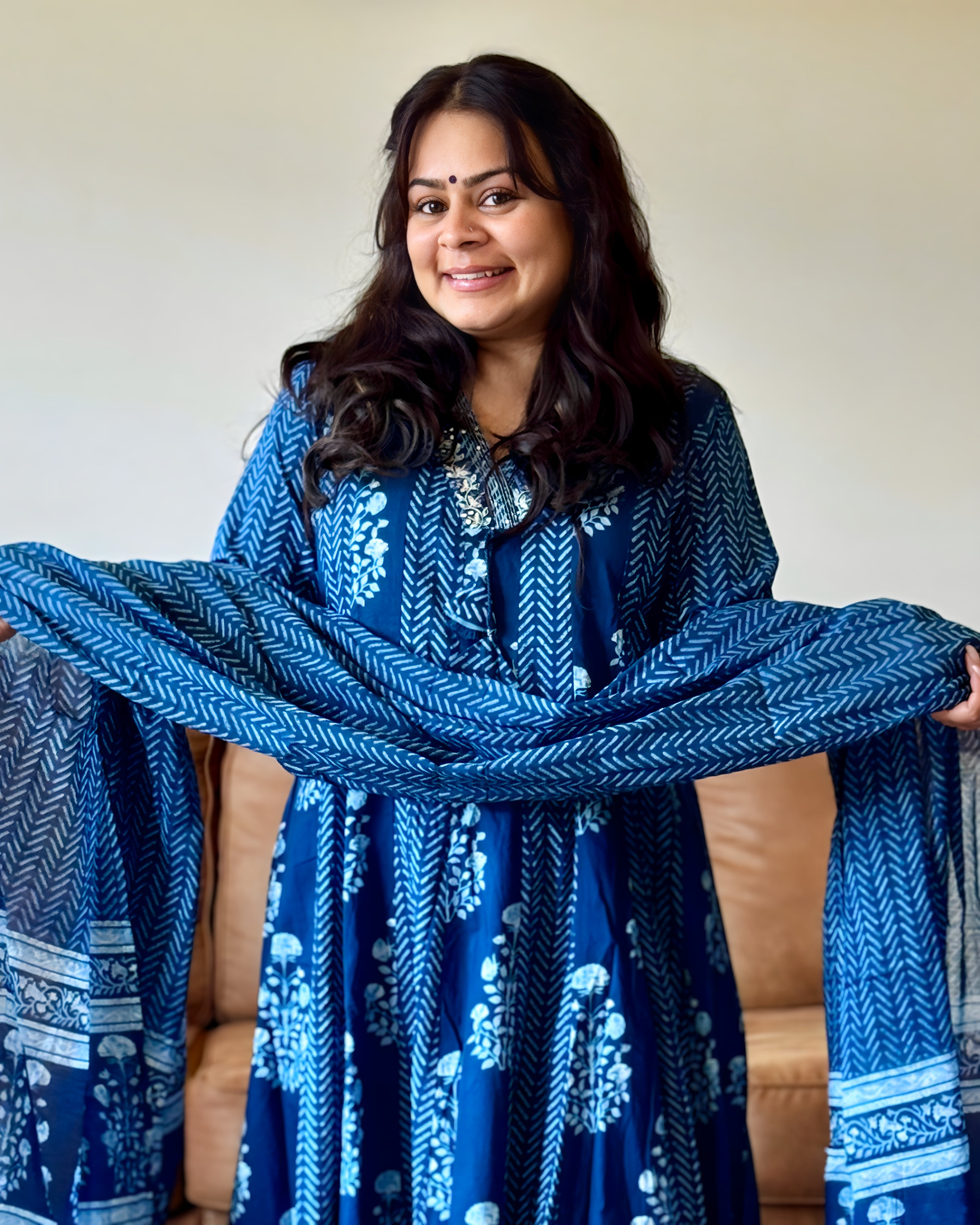 Dhwani wearing indigo blue cotton anarkali suit with hand block print dupatta – Go Desi Canada
