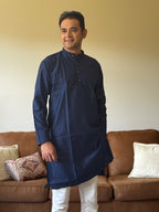 Navy Blue Plain Men Kurta