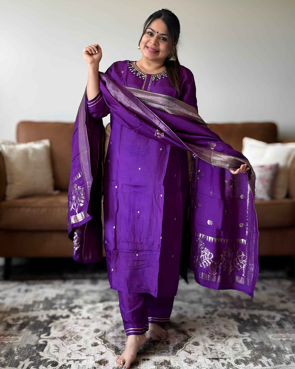 Purple Gota Patti Premium Russian Silk Suit Set – Festive Ethnic Wear with Round Neck
