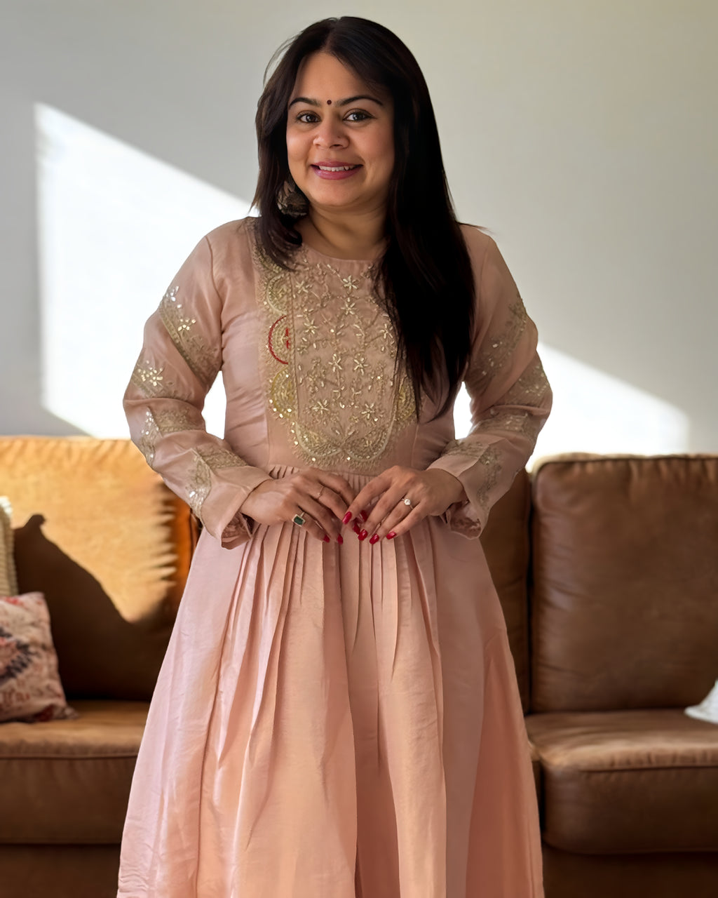 Dhwani wearing premium silk peach anarkali suit with red bandhani dupatta – Go Desi Canada