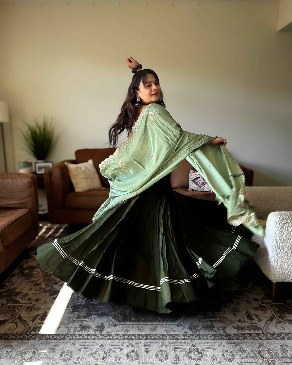 Green Chaniya Choli with Multicolor Blouse – 18 Metre Gher