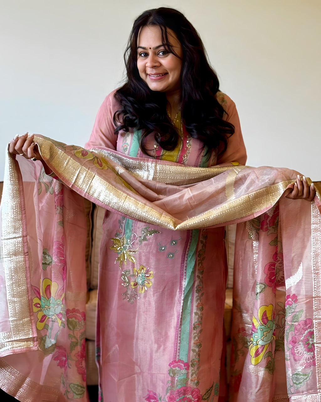 Dhwani wearing Pastel Pink Printed Suit available in Canada and USA