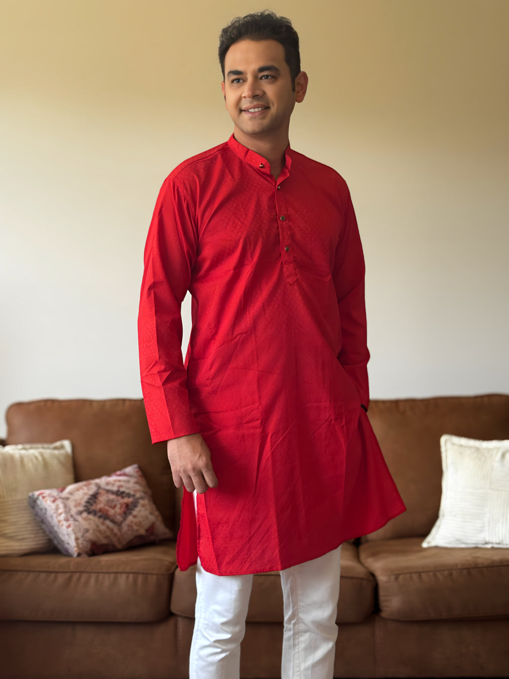 Red Self Print Men Kurta