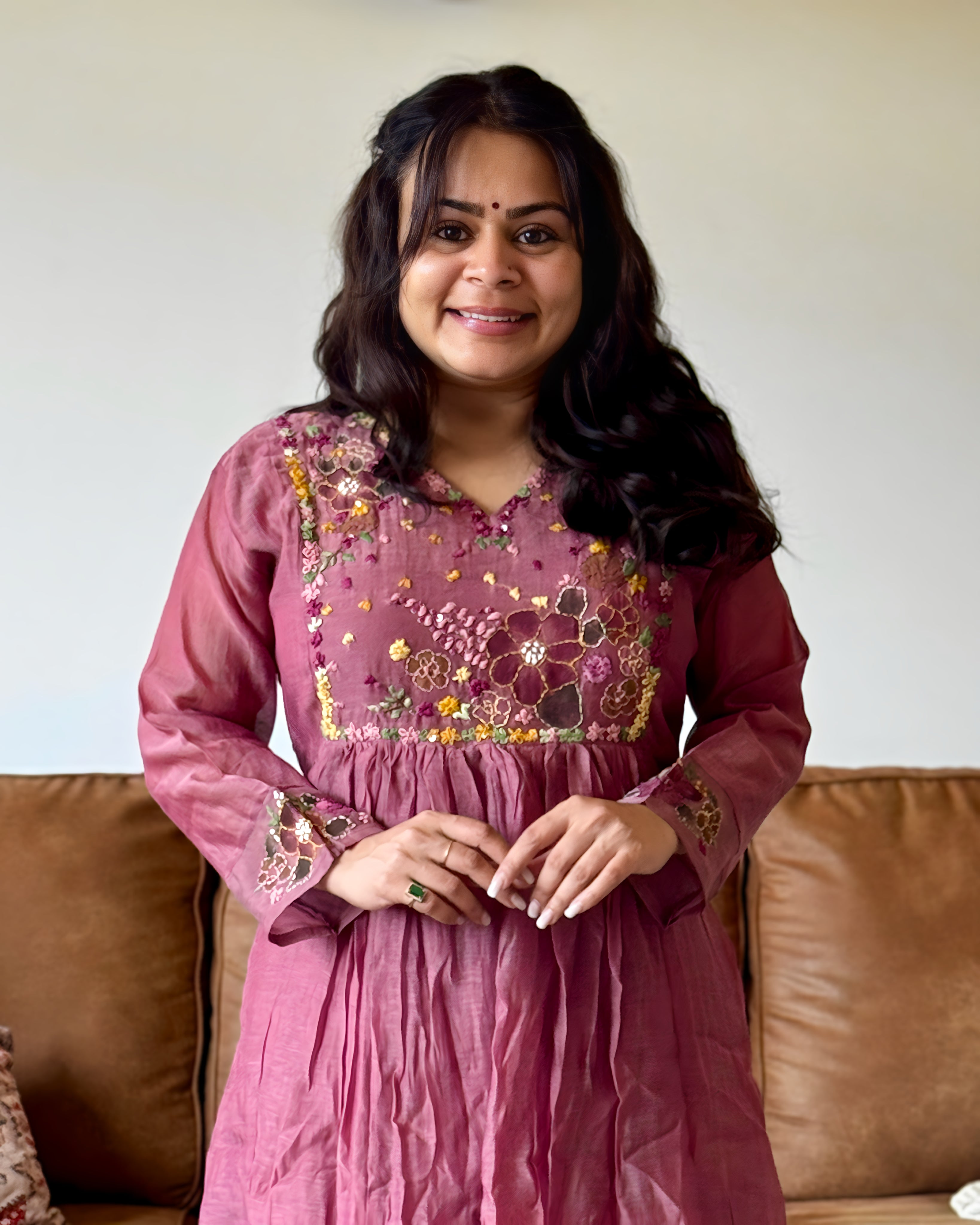 Dhwani wearing purple mul chanderi floral embroidered anarkali suit with matching dupatta – Go Desi Canada