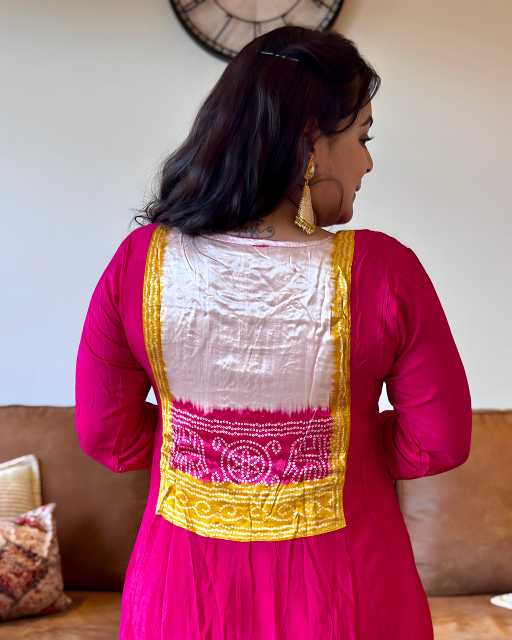 Dhwani wearing Pink & Yellow Bandhani Dupatta dress available in Canada and USA