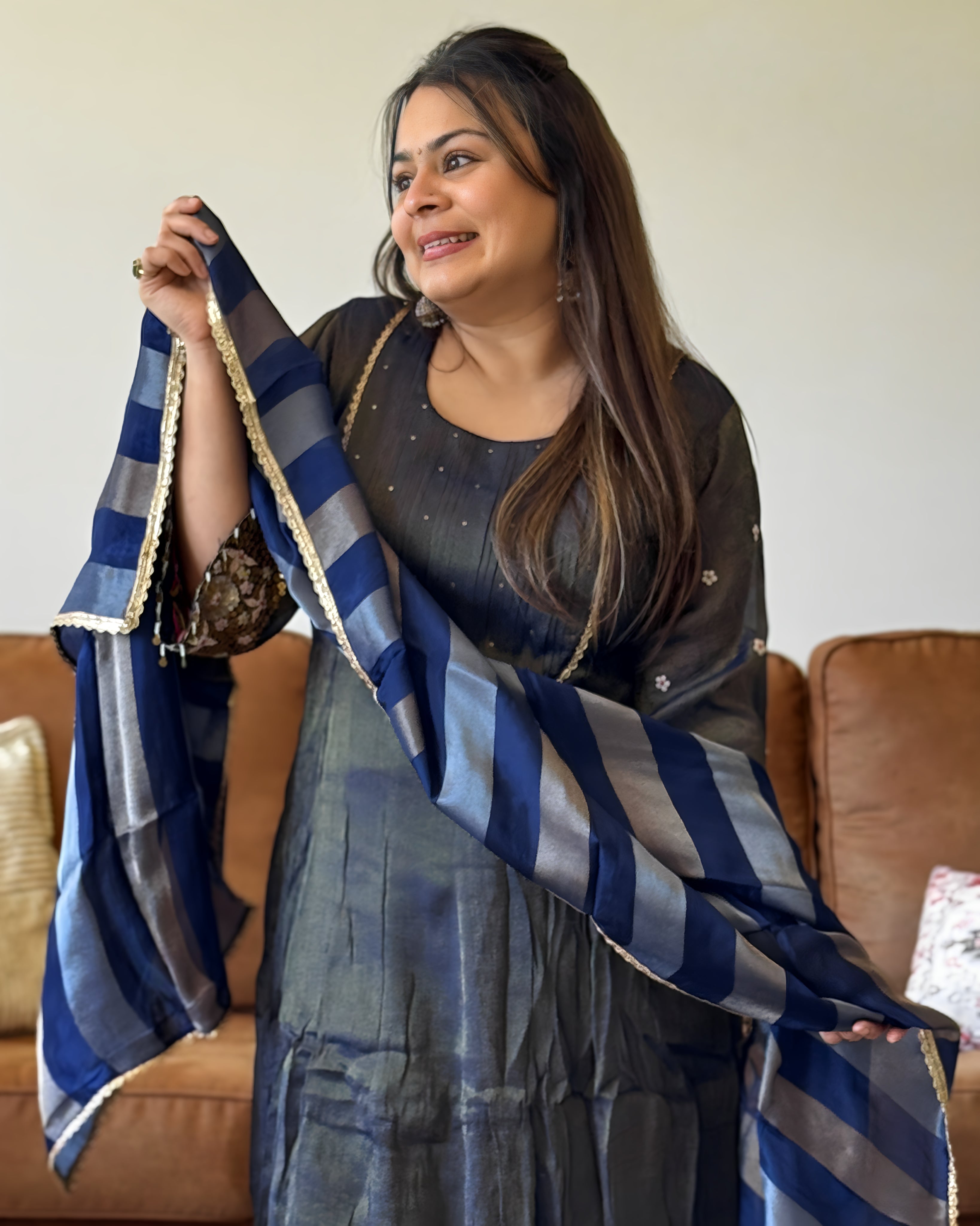 Blue Shimmer Glass Tissue Kurta Set for Women