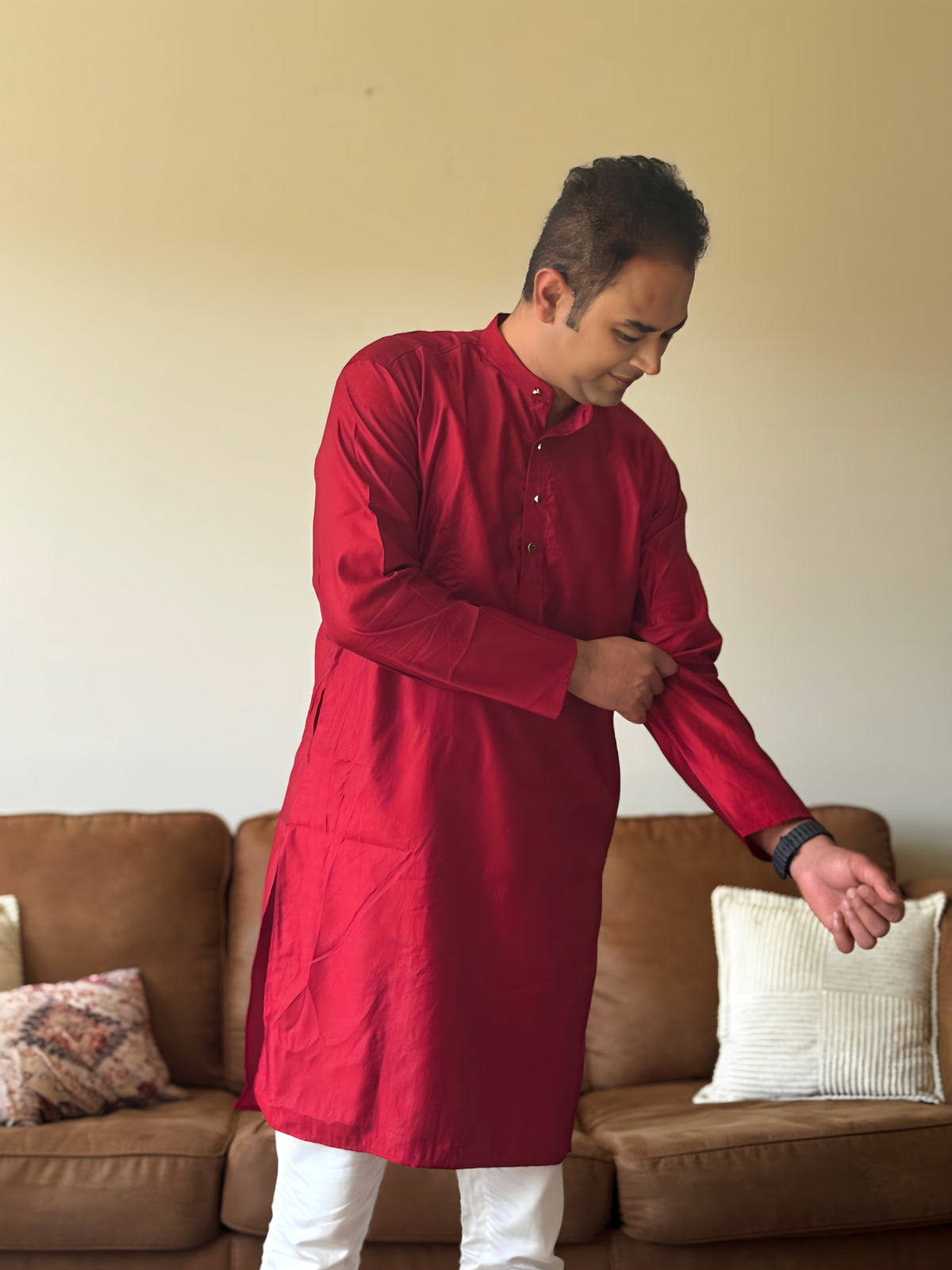 Red Plain Men Kurta