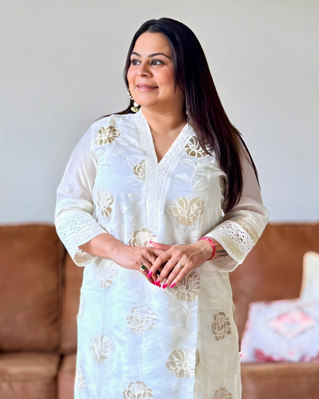 Dhwani wearing ivory glass tissue golden embroidered suit with lace detailing and matching dupatta – Go Desi Canada