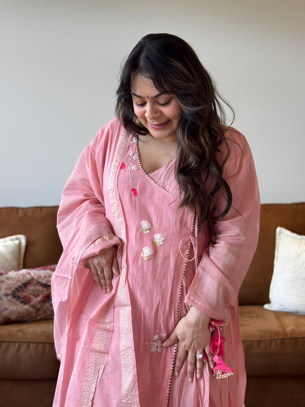 Baby Pink Mul Chanderi Kurta Set for Women