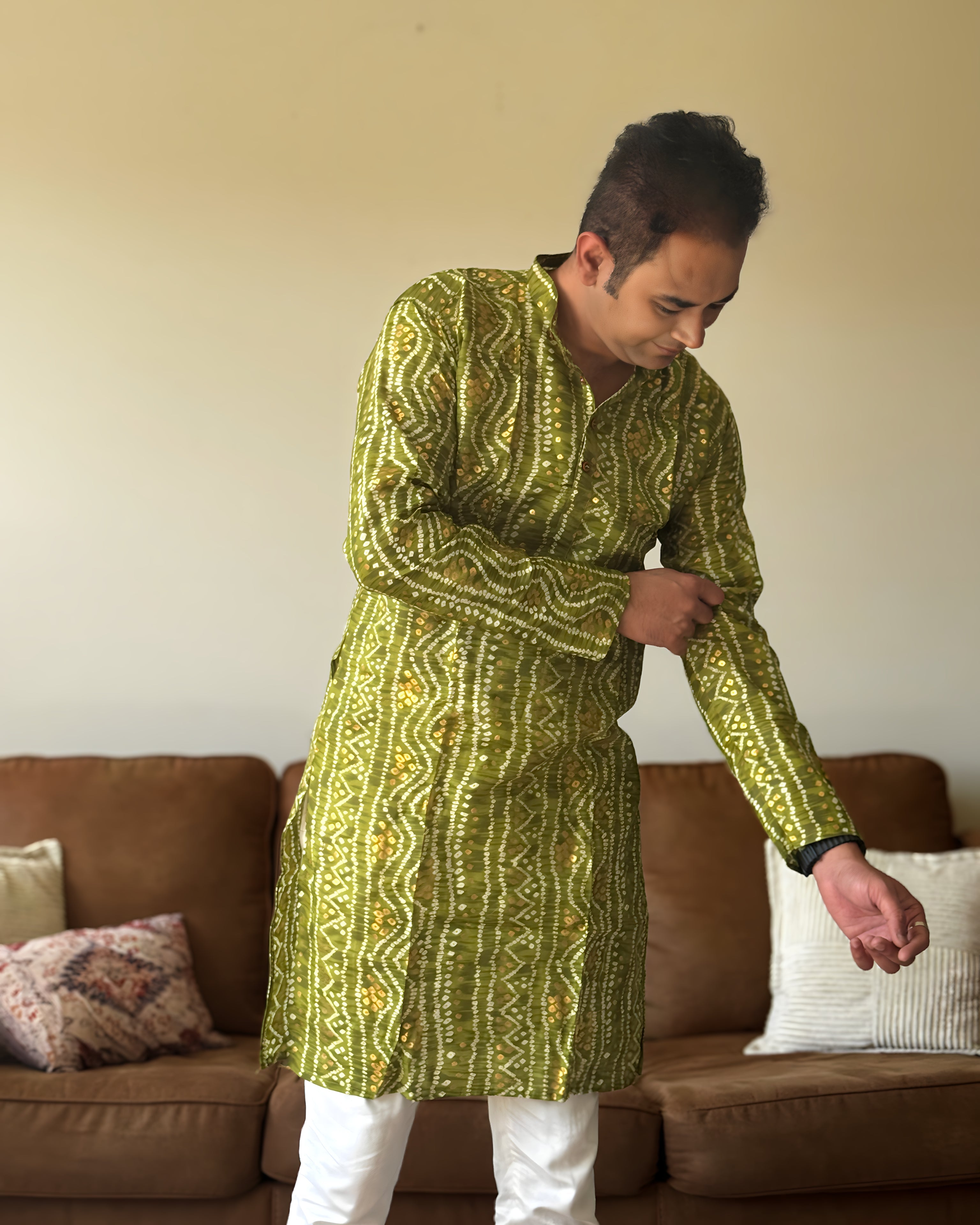 Light Green Bandhani Men Kurta