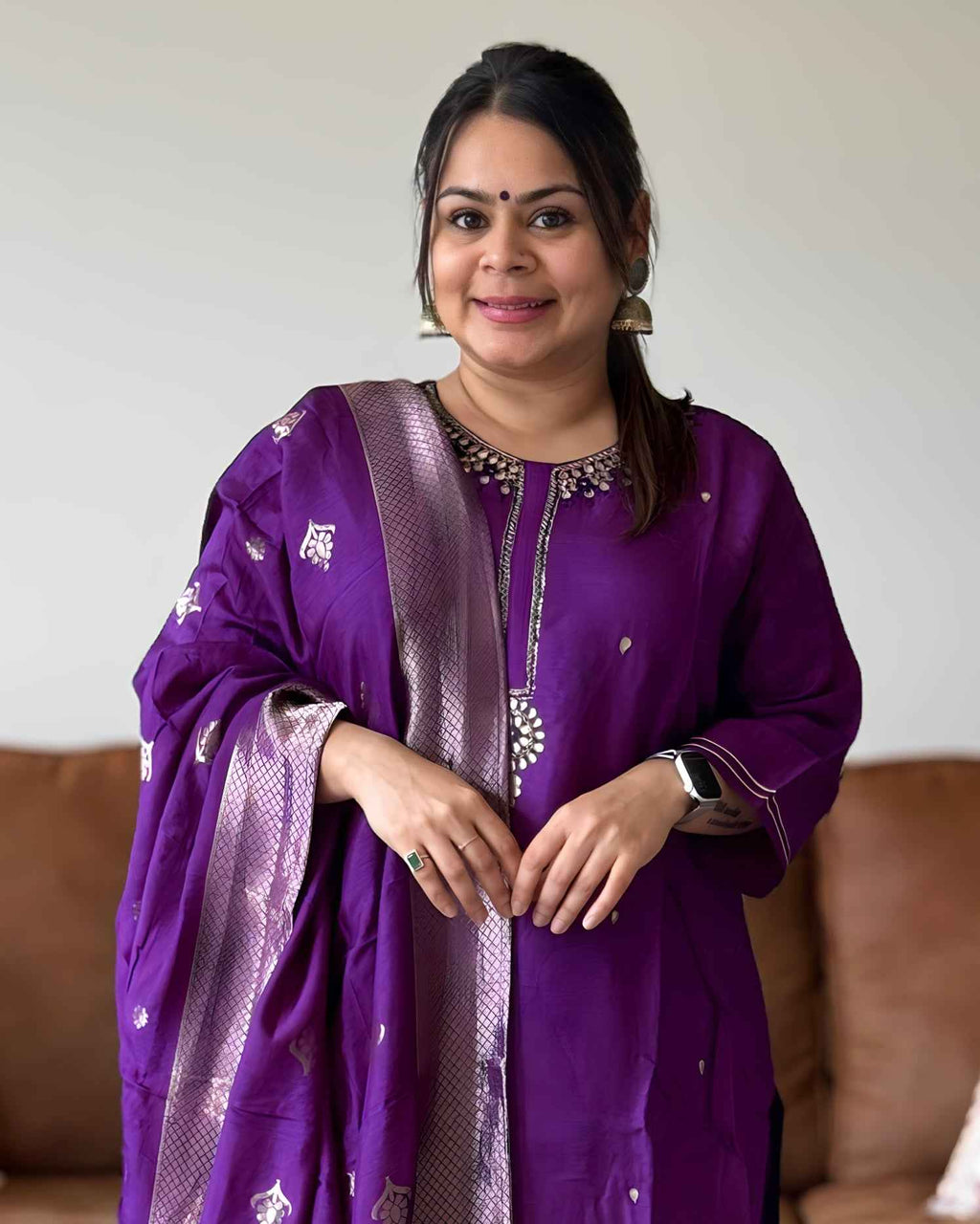 Purple Gota Patti Premium Russian Silk Suit Set – Festive Ethnic Wear with Round Neck