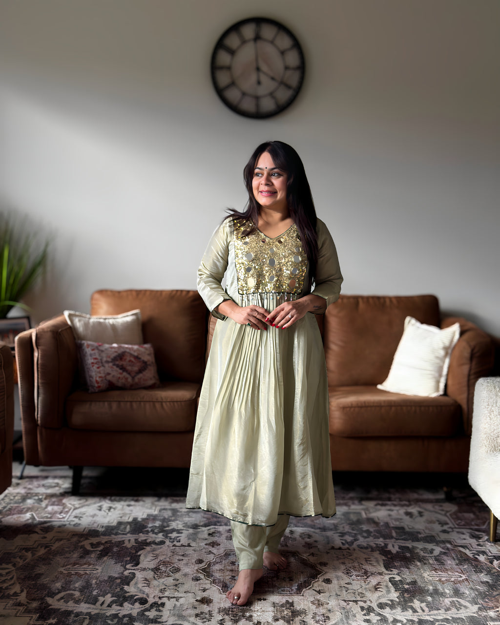 Dhwani wearing Pastel Green Mirror Anarkali available in Canada and USA