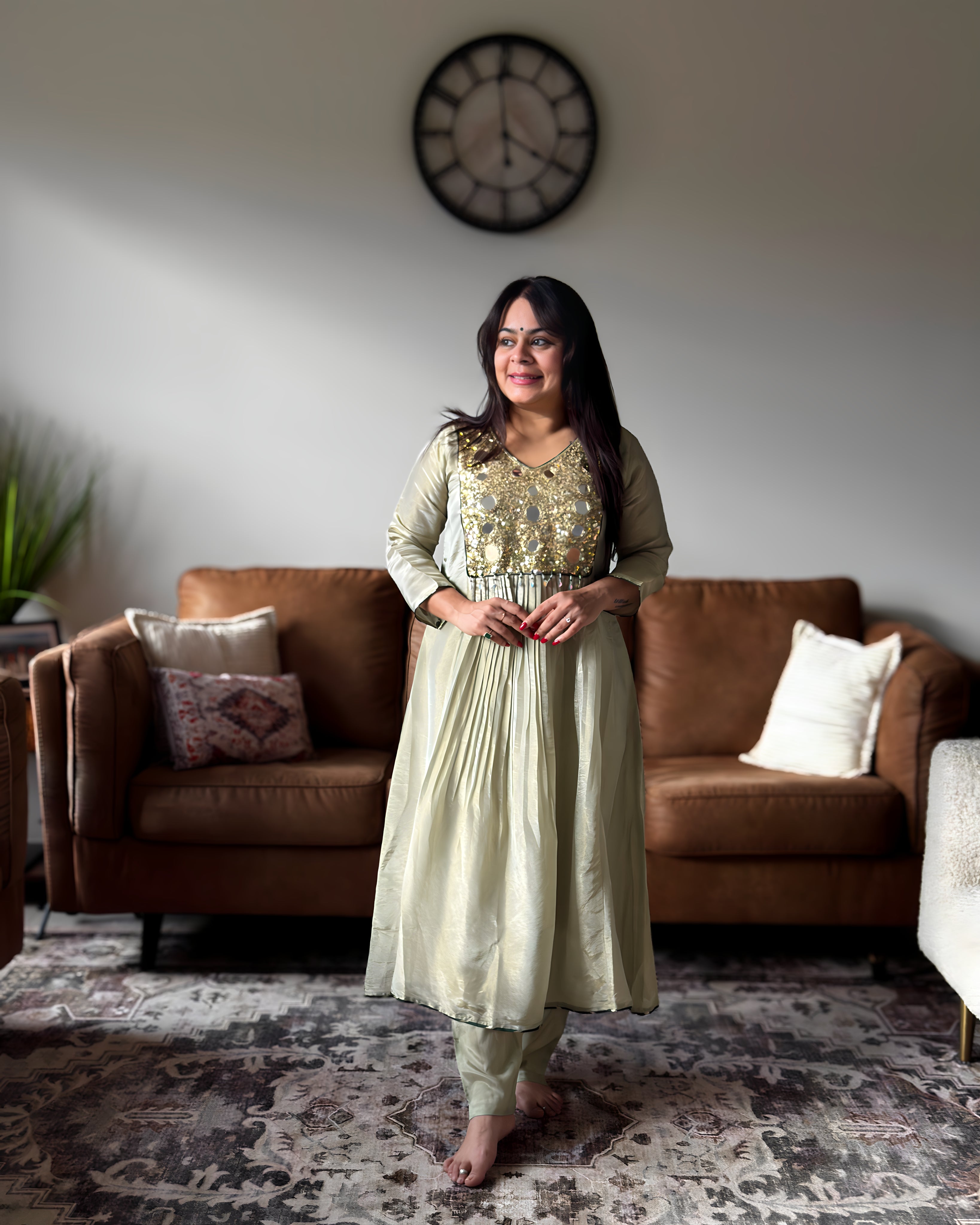 Dhwani wearing Pastel Green Mirror Anarkali available in Canada and USA