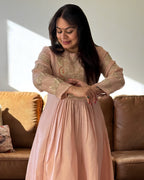 Dhwani wearing premium silk peach anarkali suit with red bandhani dupatta – Go Desi Canada
