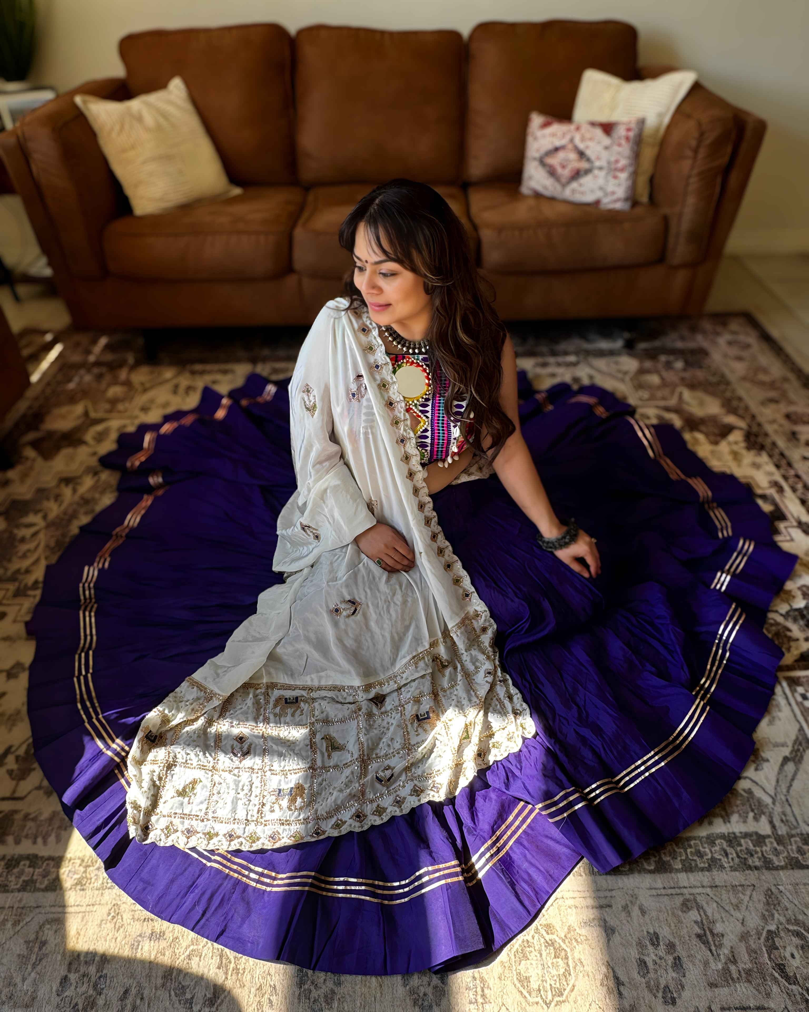 Purple & White Chaniya Choli with Multicolor Blouse – 18 Metre Gher