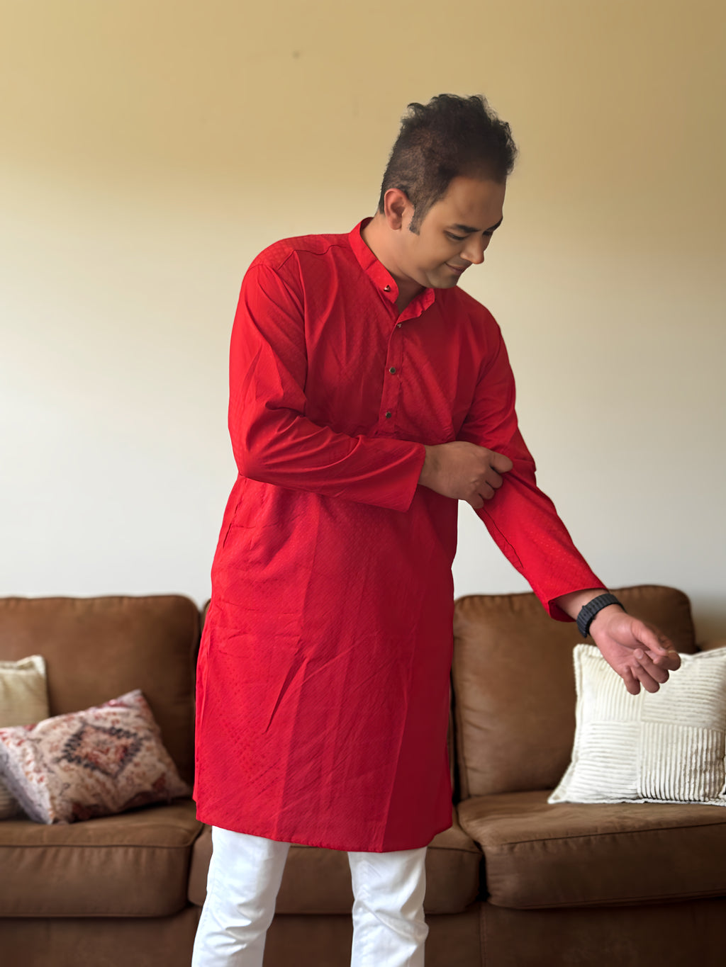 Red Self Print Men Kurta