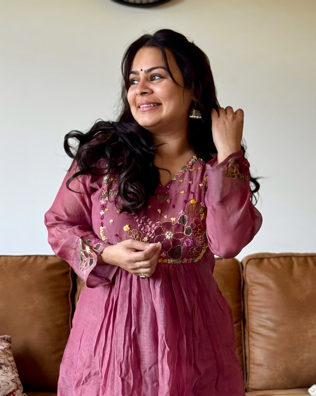 Dhwani wearing purple mul chanderi floral embroidered anarkali suit with matching dupatta – Go Desi Canada