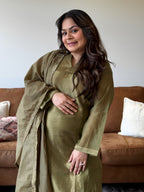 Olive Green Shimmer Mul Chanderi Kurta Set for Women