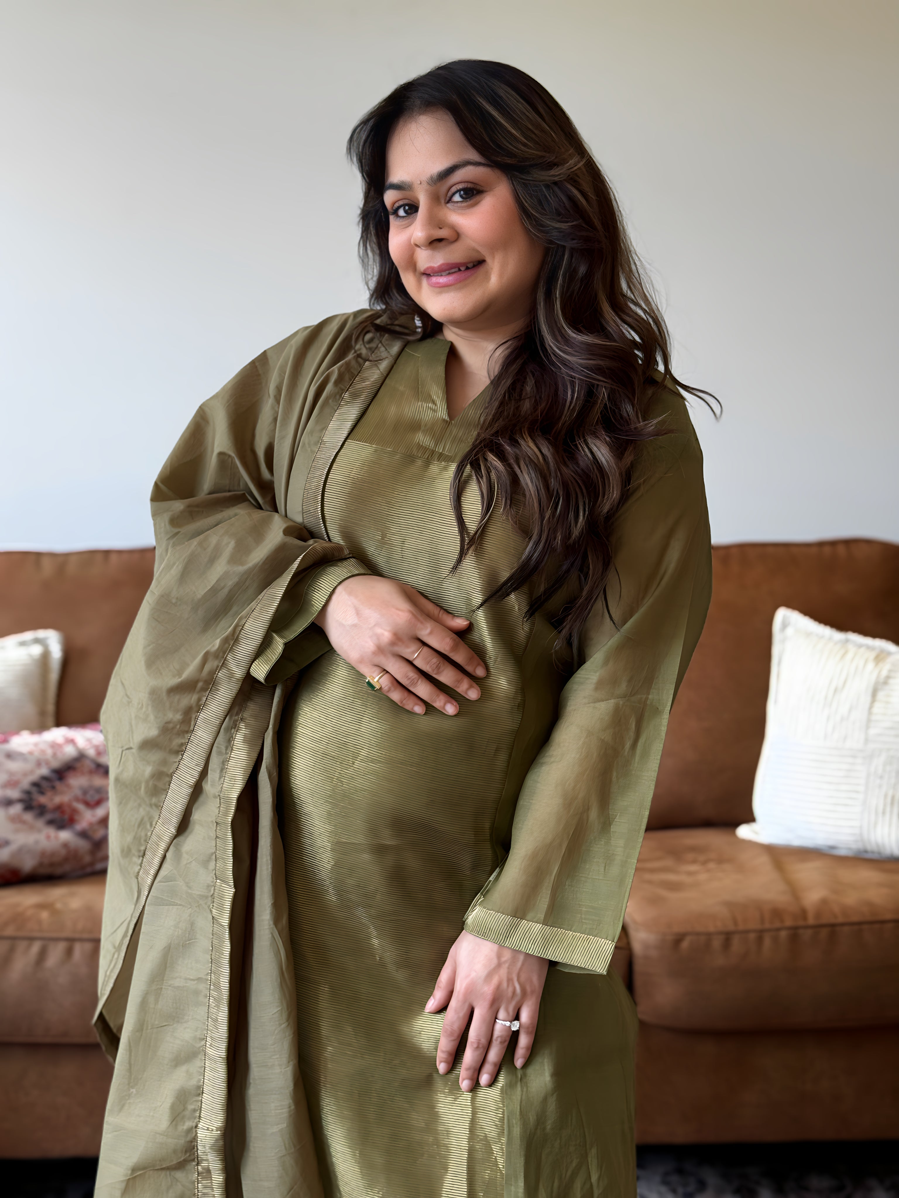 Olive Green Shimmer Mul Chanderi Kurta Set for Women